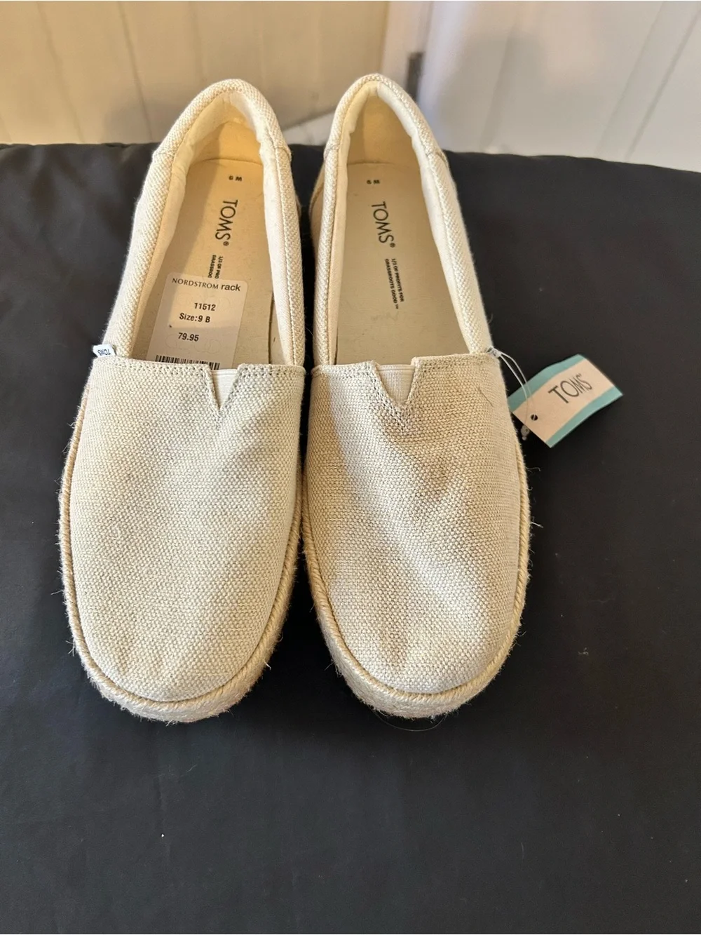 NWT TOMS Valencia Platform Espadrilles Dark Natural Metallic Linen Size 9